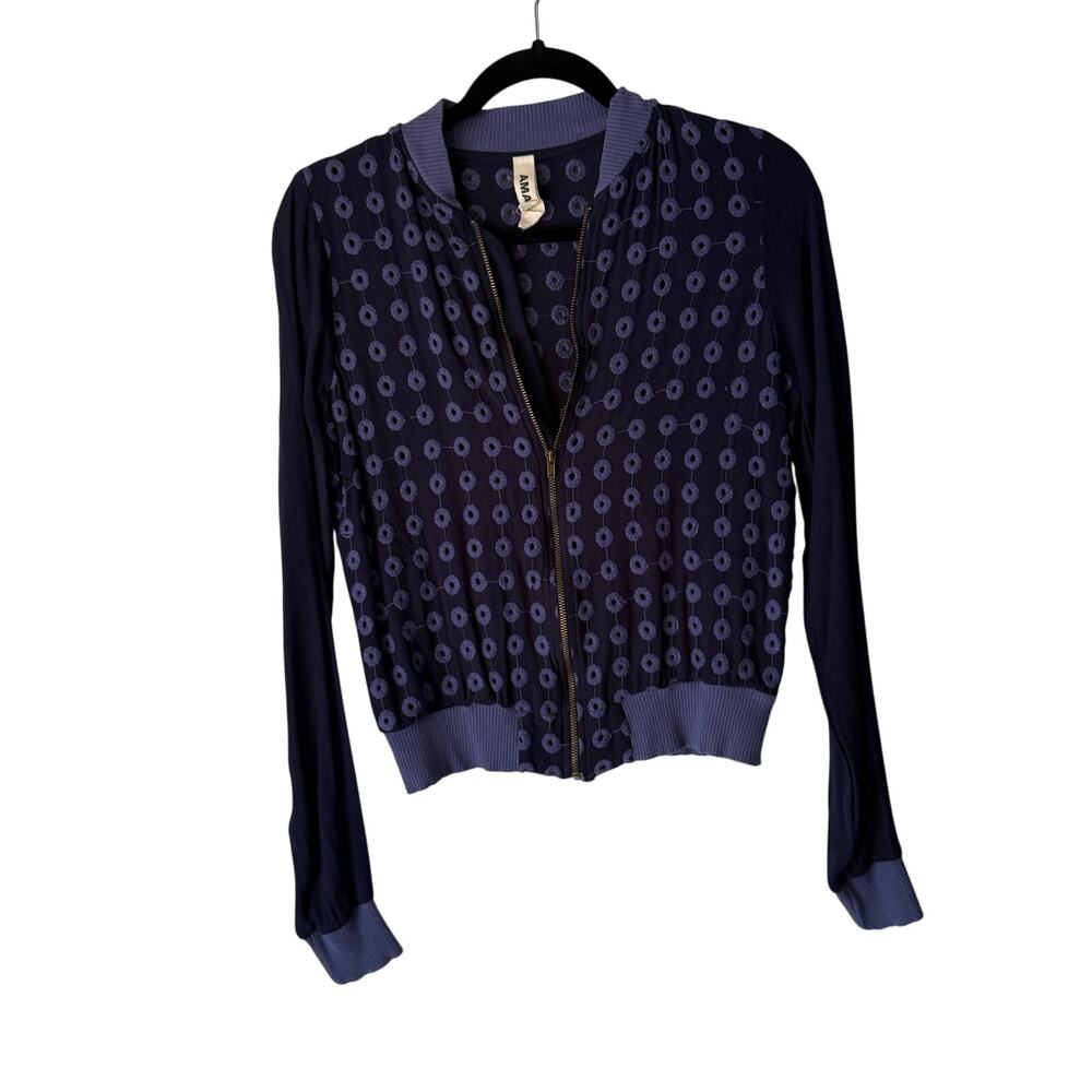 Amadi Anthropologie Bomber Jacket Navy Eyelet Embroidered Zip Front Size S